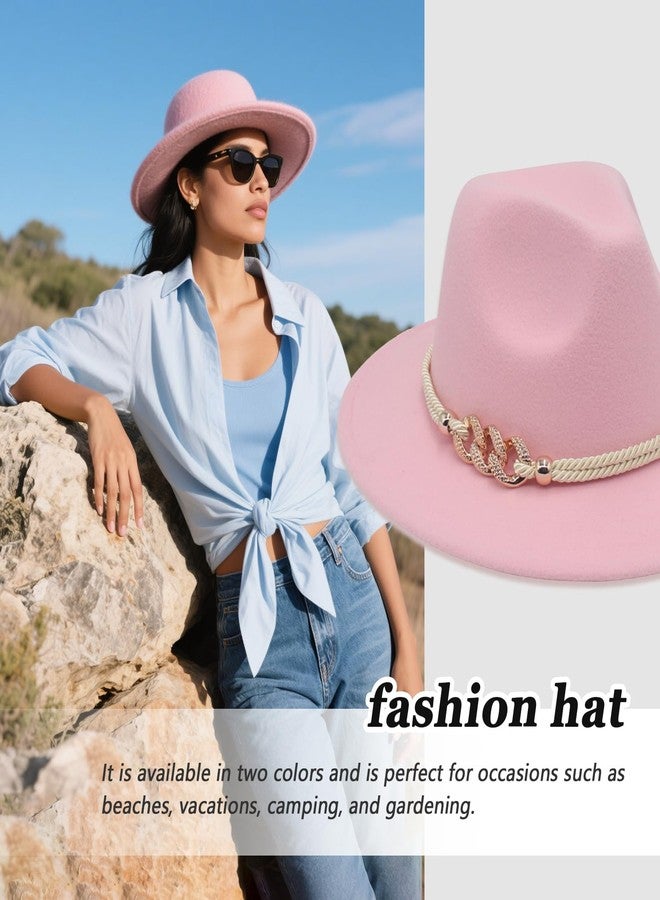 Elandy Pink Fashion Wide Brim Felt Fedora Hat with 3-Ring Buckle Belt Adjustable Church Dress Panama Hat for Women Men - Image 3