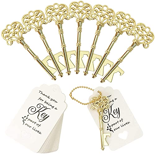WODEGIFT 20 PCS Key Bottle OpenersVintage Skeleton Key Bottle OpenerWedding Favors Bottle Opener with 20Pcs Tag Cards and 20Pcs Key ChainsGold