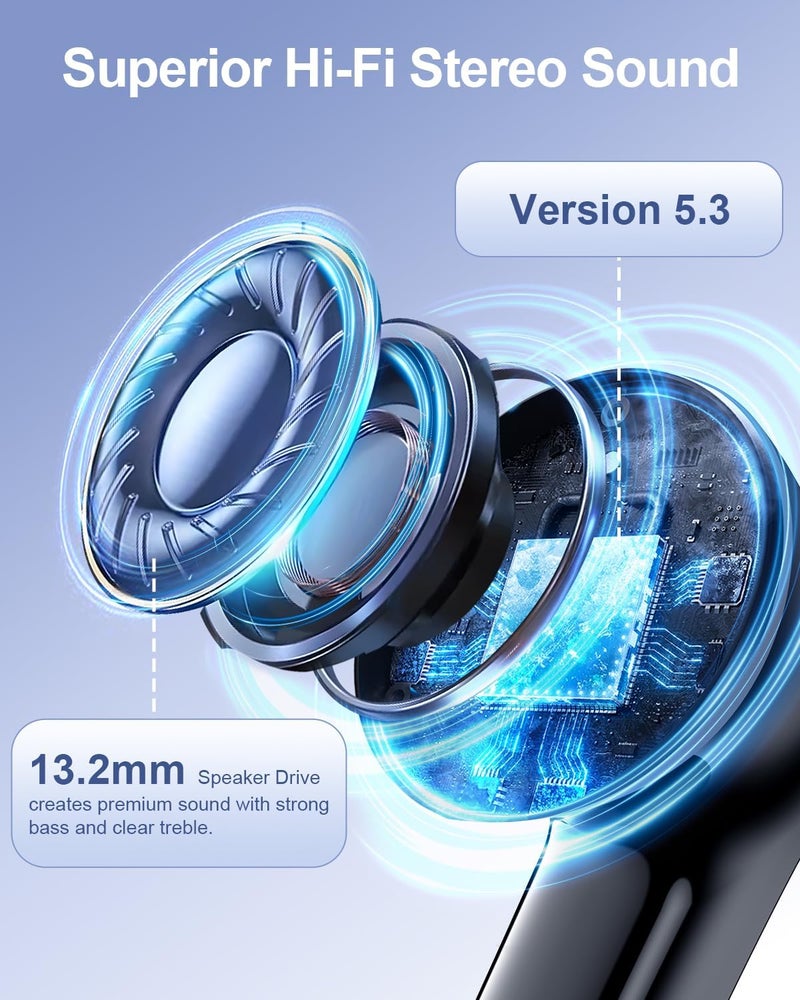 HUIFU Wireless Earbuds, Bluetooth Ear Buds Headphones, 40H Long Playtime, Stereo Deep Bass, LED Power Display, IPX7, Lightweight in Ear Earphone with Mic for iPhone Android Phone - Image 2