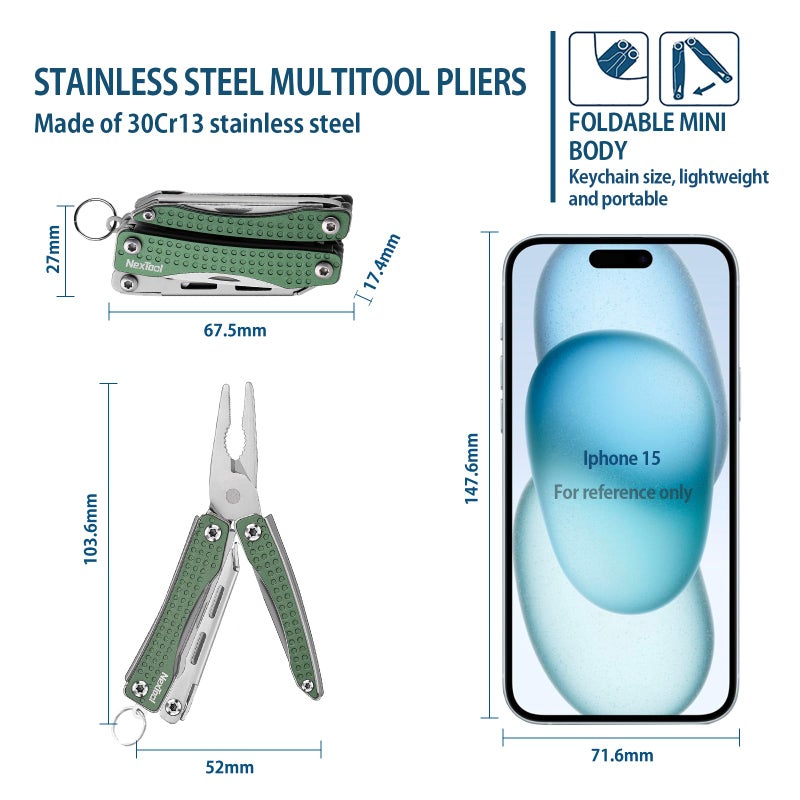 Nextool EDC Keychain Multitool, 10 in 1 Mini Pocket Knife Multi Tool with Needlenose Pliers, Scissors, Mini Useful Cool Gadgets for Men, Father's Day Gifts from Daughter-Green - Image 2