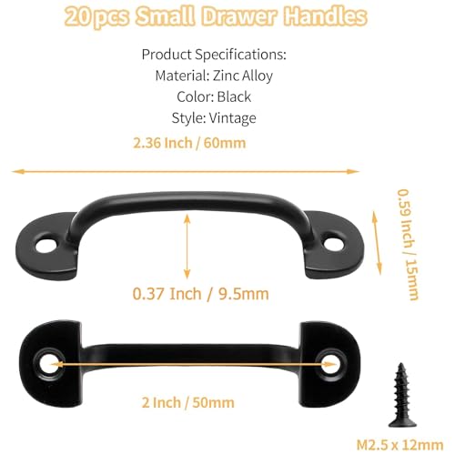 Bivethoi 20pcs 2.36" Small Drawer Handles Vintage Cabinet Pulls, Black Gate Pulls Antique Cupboard Handles with Mounting Screws, for Jewelry Box and Dresser (2 Inch Hole to Hole)​ - Image 2