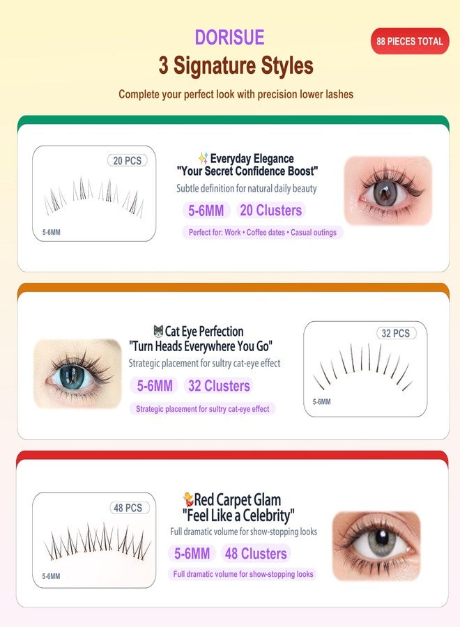 Dorisue 3-Style Self-Adhesive Lower Lash Clusters - 88 Pieces No Glue Needed Bottom Eyelashes Pre-Glued Natural Volume Under Eye Extensions DIY Kit - Image 3