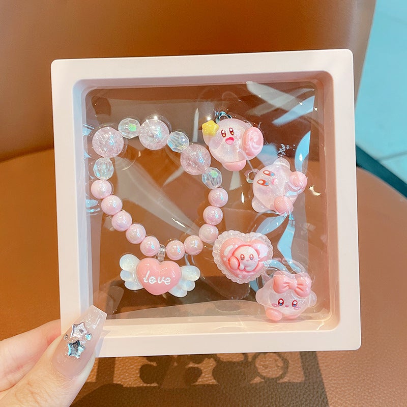 2024 Kids Bracelet Cute Girls Ring Baby Cartoon Jewelry Set Pink bika jewelry 5-piece set - Image 1