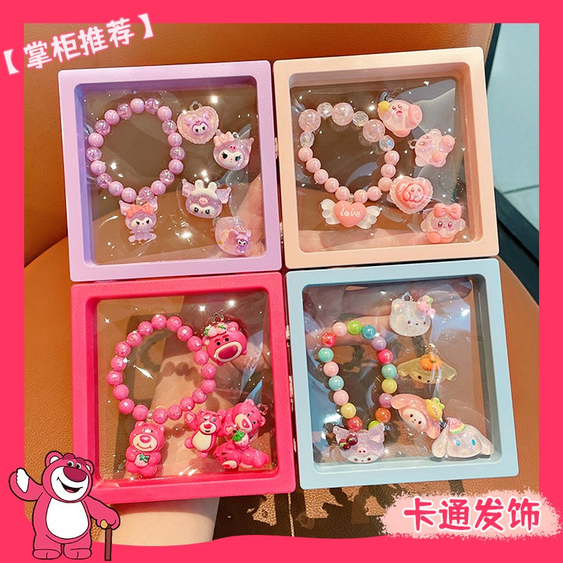 2024 Kids Bracelet Cute Girls Ring Baby Cartoon Jewelry Set Pink bika jewelry 5-piece set - Image 2