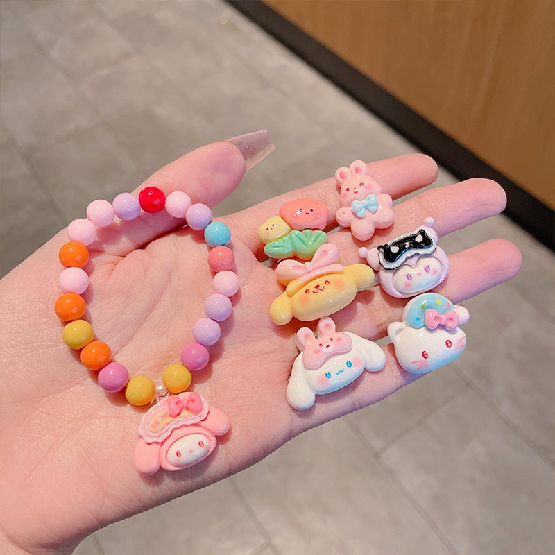 2024 Kids Bracelet Cute Girls Ring Baby Cartoon Jewelry Set Pink bika jewelry 5-piece set - Image 4