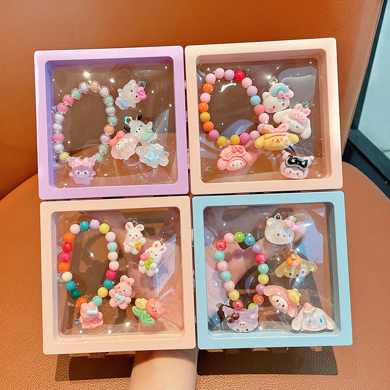 2024 Kids Bracelet Cute Girls Ring Baby Cartoon Jewelry Set Pink bika jewelry 5-piece set - Image 5