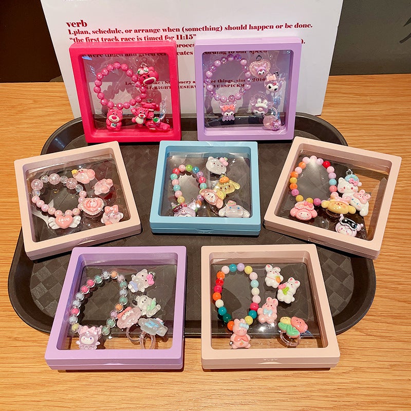 2024 Kids Bracelet Cute Girls Ring Baby Cartoon Jewelry Set Pink bika jewelry 5-piece set - Image 3