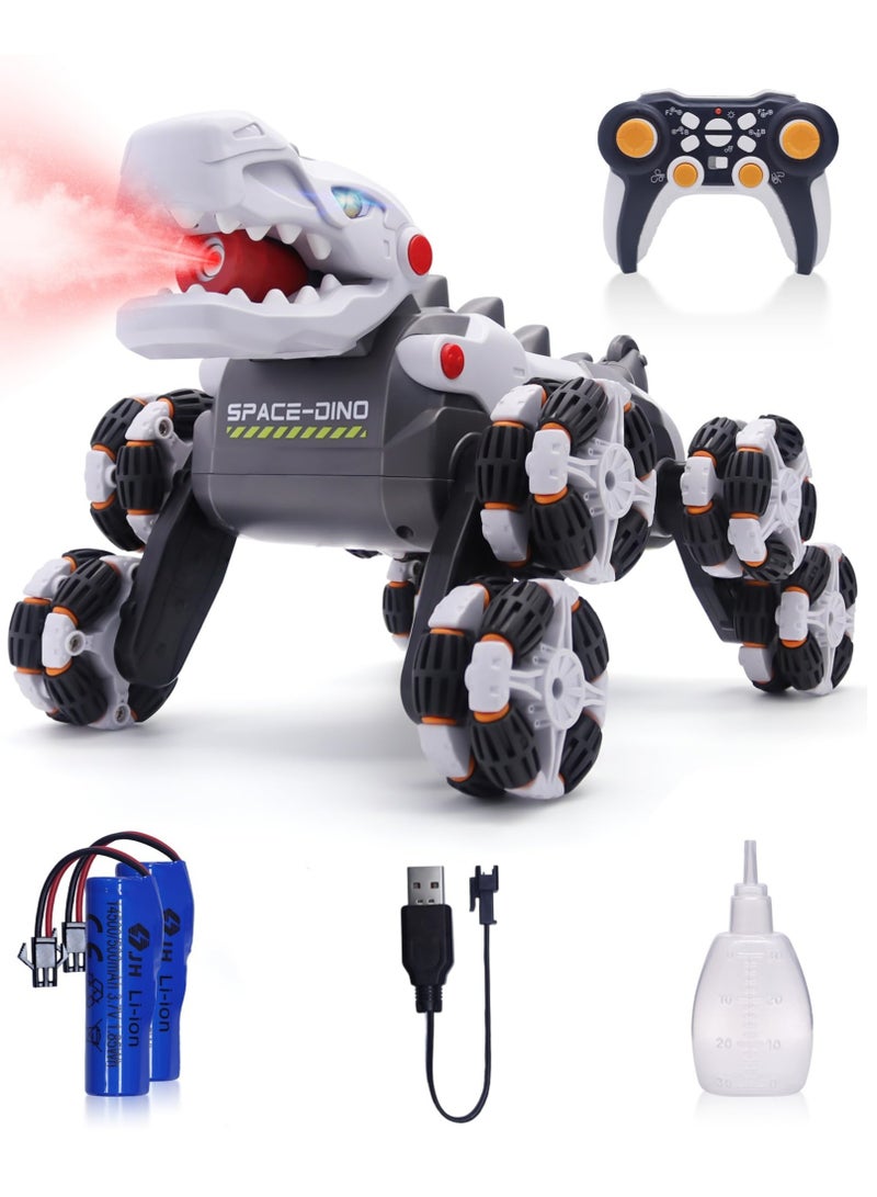 اكسيسن سيارة تحكم عن بعد للديناصورات، سيارة حيلة دوارة بزاوية 360 درجة، سيارة ديناصور ذات 8 عجلات 2.4 جيجا هرتز، مع بطاريات قابلة للشحن، رذاذ وضوء، ألعاب شاحنة الوحش للأطفال الأولاد والبنات - Image 1