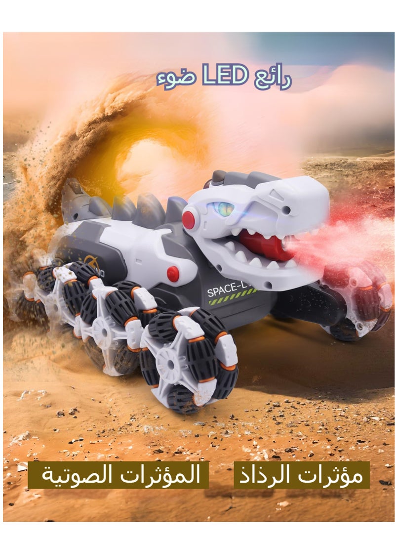 اكسيسن سيارة تحكم عن بعد للديناصورات، سيارة حيلة دوارة بزاوية 360 درجة، سيارة ديناصور ذات 8 عجلات 2.4 جيجا هرتز، مع بطاريات قابلة للشحن، رذاذ وضوء، ألعاب شاحنة الوحش للأطفال الأولاد والبنات - Image 4