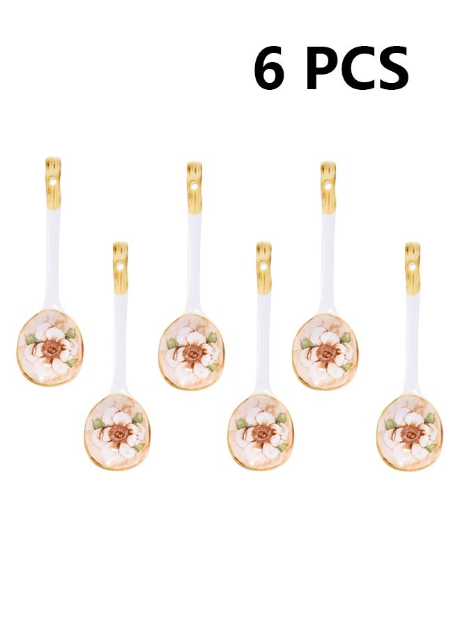 6 Pcs Camellia Ceramic Spoon Floral Porcelain Serving Spoons Soup Yogurt Ice Cream Cereal Stews Ramen Desserts Scoop Teaspoon Tablespoons for Party Buffet Home Restaurant Flatware - Image 1