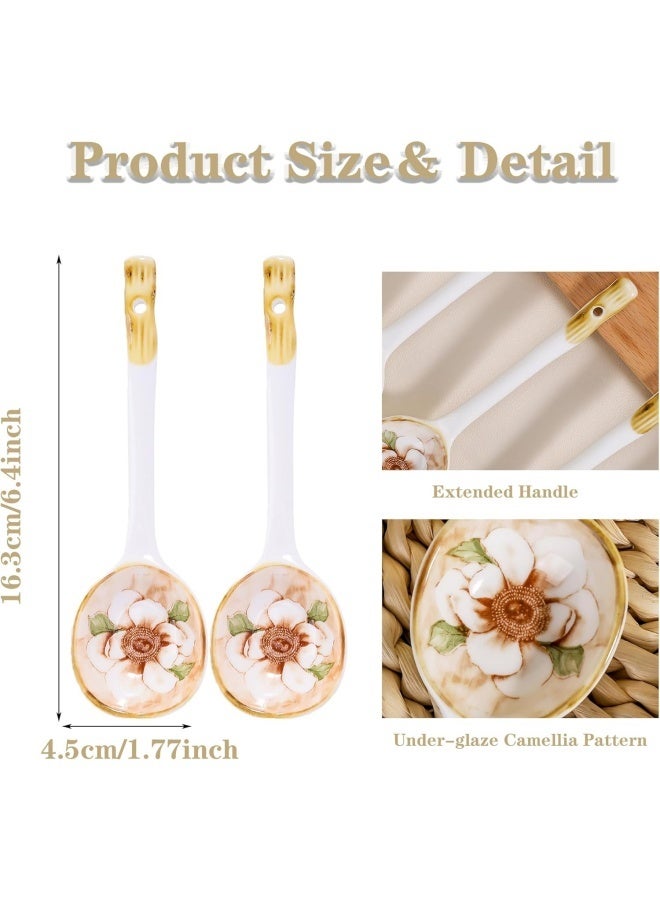 6 Pcs Camellia Ceramic Spoon Floral Porcelain Serving Spoons Soup Yogurt Ice Cream Cereal Stews Ramen Desserts Scoop Teaspoon Tablespoons for Party Buffet Home Restaurant Flatware - Image 3