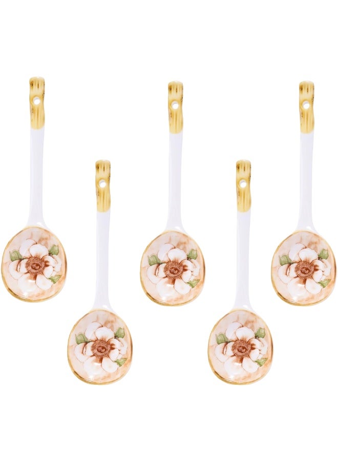 6 Pcs Camellia Ceramic Spoon Floral Porcelain Serving Spoons Soup Yogurt Ice Cream Cereal Stews Ramen Desserts Scoop Teaspoon Tablespoons for Party Buffet Home Restaurant Flatware - Image 2