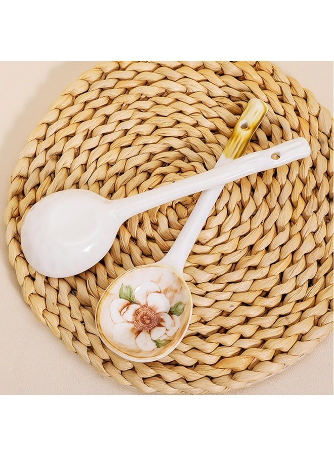 6 Pcs Camellia Ceramic Spoon Floral Porcelain Serving Spoons Soup Yogurt Ice Cream Cereal Stews Ramen Desserts Scoop Teaspoon Tablespoons for Party Buffet Home Restaurant Flatware - Image 5