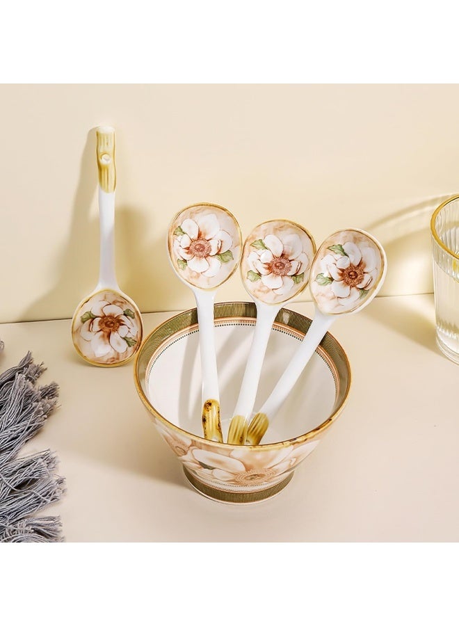 6 Pcs Camellia Ceramic Spoon Floral Porcelain Serving Spoons Soup Yogurt Ice Cream Cereal Stews Ramen Desserts Scoop Teaspoon Tablespoons for Party Buffet Home Restaurant Flatware - Image 4