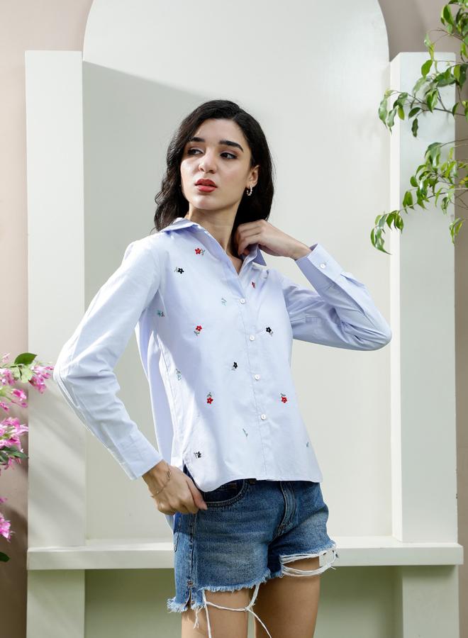 Athena Blue Floral Embroidered Long Sleeve Shirt - Image 3