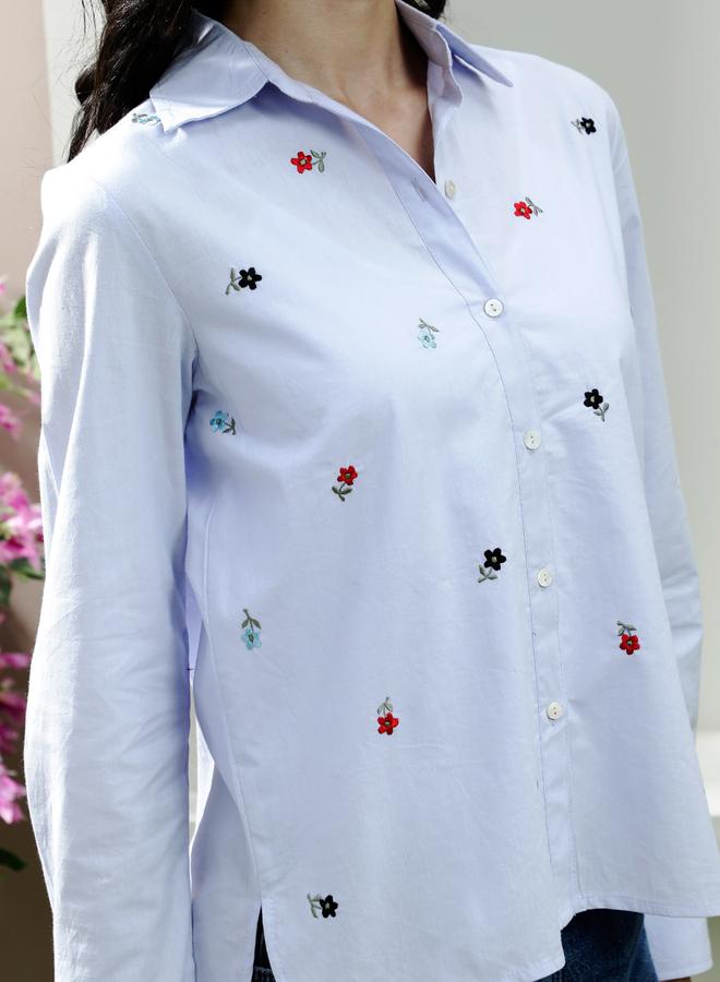 Athena Blue Floral Embroidered Long Sleeve Shirt - Image 5