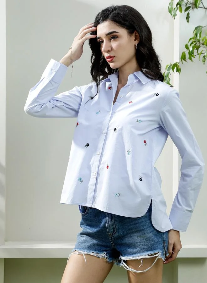 Athena Blue Floral Embroidered Long Sleeve Shirt