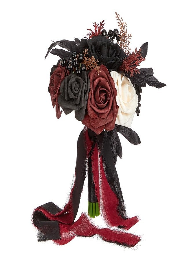 Eforcase Wedding Bouquets for Bride and Bridesmaid - Black and Burgundy Gothic Bridal Flowers, Artificial Rose Bouquet - Image 1
