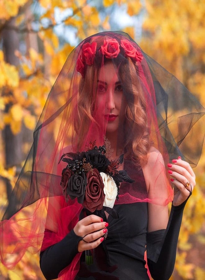 Eforcase Wedding Bouquets for Bride and Bridesmaid - Black and Burgundy Gothic Bridal Flowers, Artificial Rose Bouquet - Image 5