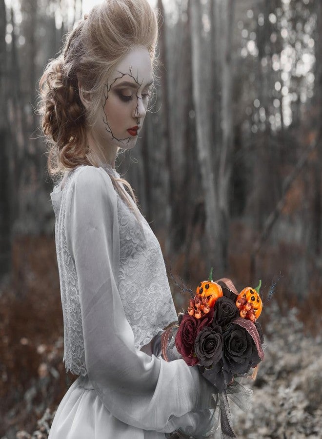 Eforcase Wedding Bouquets for Bride and Bridesmaid - Black and Burgundy Gothic Bridal Flowers, Artificial Rose Bouquet - Image 4