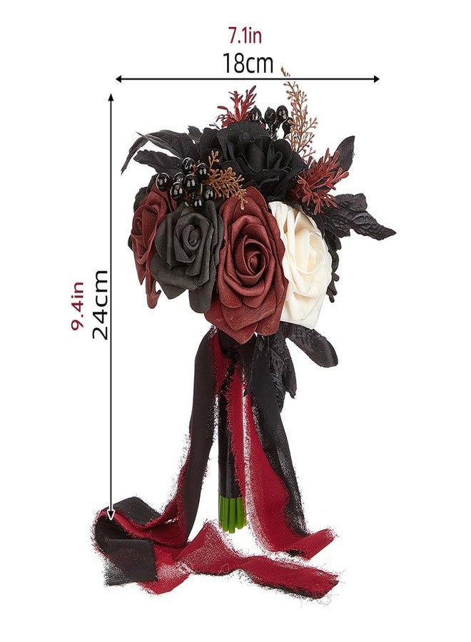 Eforcase Wedding Bouquets for Bride and Bridesmaid - Black and Burgundy Gothic Bridal Flowers, Artificial Rose Bouquet - Image 2
