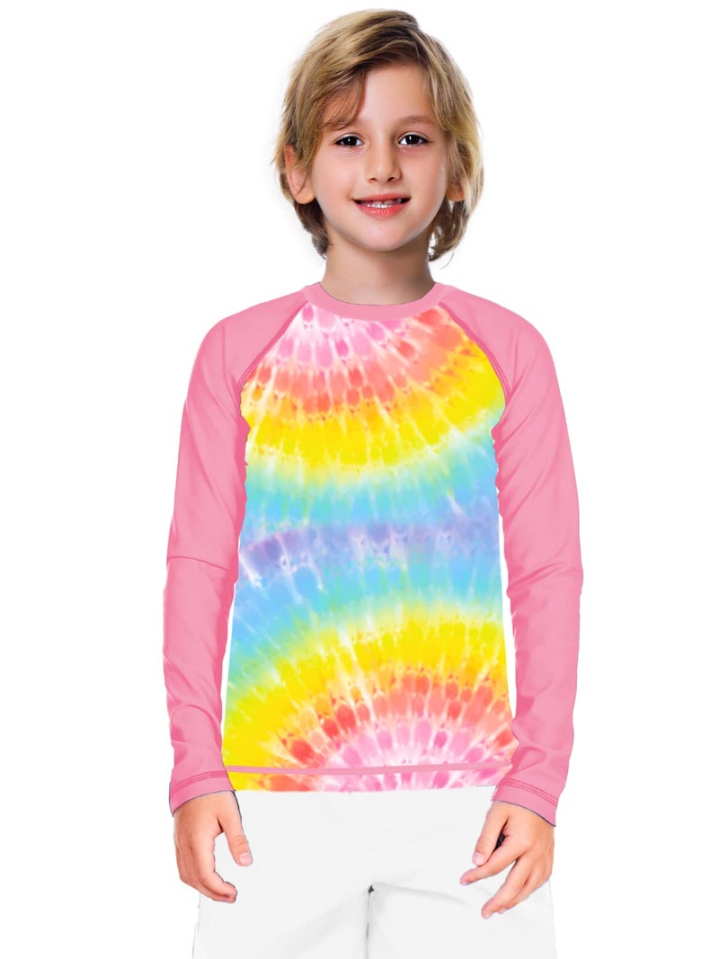 Remimi Kids Sun Shirts Long Sleeve Girls SPF 50+ Rash Guard Tie Dye Quick Dry Color Block Loose Pink Swim Shirt 7-8Y - Image 4
