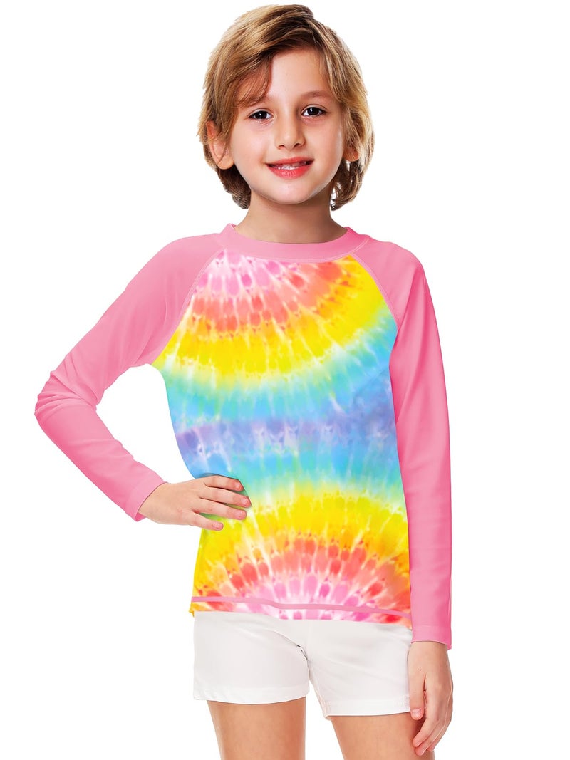 Remimi Kids Sun Shirts Long Sleeve Girls SPF 50+ Rash Guard Tie Dye Quick Dry Color Block Loose Pink Swim Shirt 7-8Y - Image 5