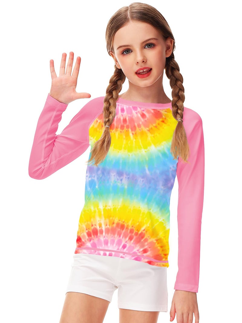 Remimi Kids Sun Shirts Long Sleeve Girls SPF 50+ Rash Guard Tie Dye Quick Dry Color Block Loose Pink Swim Shirt 7-8Y - Image 3