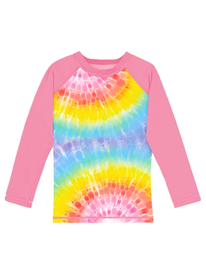 Remimi Kids Sun Shirts Long Sleeve Girls SPF 50+ Rash Guard Tie Dye Quick Dry Color Block Loose Pink Swim Shirt 7-8Y - Image 2