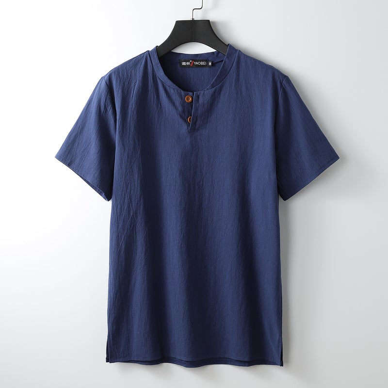 Linen Short-Sleeved T-Shirt Men's Summer Thin Chinese Style Tang Suit Loose Large Size Cotton and Linen Half-Sleeved T-Shirt Top - Image 1