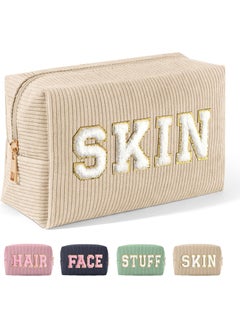 MAGEFY MAGEFY Corduroy Makeup Bag Small Makeup Bag for Purse with Compartments Cute Makeup Pouch Cosmetic Bag for Women Friends Preppy Gifts (Beige, SKIN) 