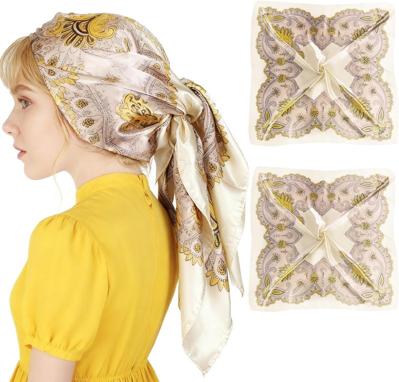 KASTWAVE 35” Large Square Head Scarf - 2PCS Satin Hair Scarves, Printed Hair Scarves for Women - Image 1