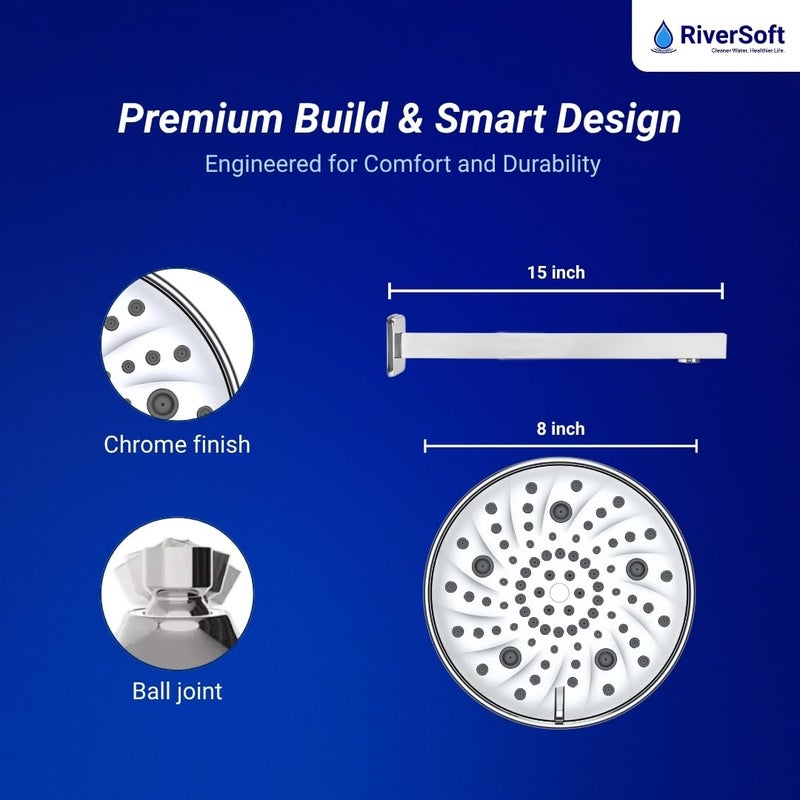 RiverSoft Combo Rain-Shower Set, RSC-7 rain shower 7 Spray setting with shower arm 15 inch and SF-15 Shower filter for hard water | Water softener for bathroom (ABS, Chrome) - Image 4
