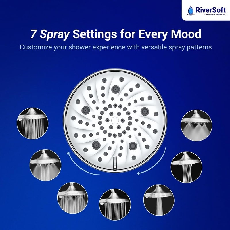 RiverSoft Combo Rain-Shower Set, RSC-7 rain shower 7 Spray setting with shower arm 15 inch and SF-15 Shower filter for hard water | Water softener for bathroom (ABS, Chrome) - Image 2
