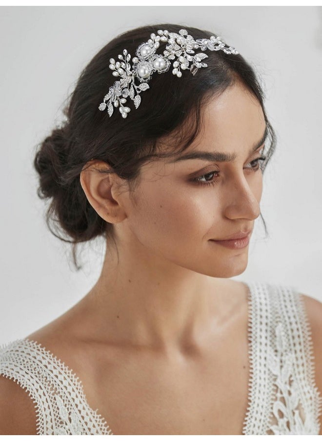 SWEETV Weetv Handmade Pearl Wedding Headbands For Women Silver Rhinestone Hair Band Bridal Headpieces For Bride Hair Jewelry Accessories  - Image 3