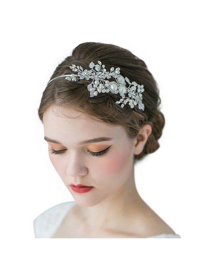 SWEETV Weetv Handmade Pearl Wedding Headbands For Women Silver Rhinestone Hair Band Bridal Headpieces For Bride Hair Jewelry Accessories  - Image 2