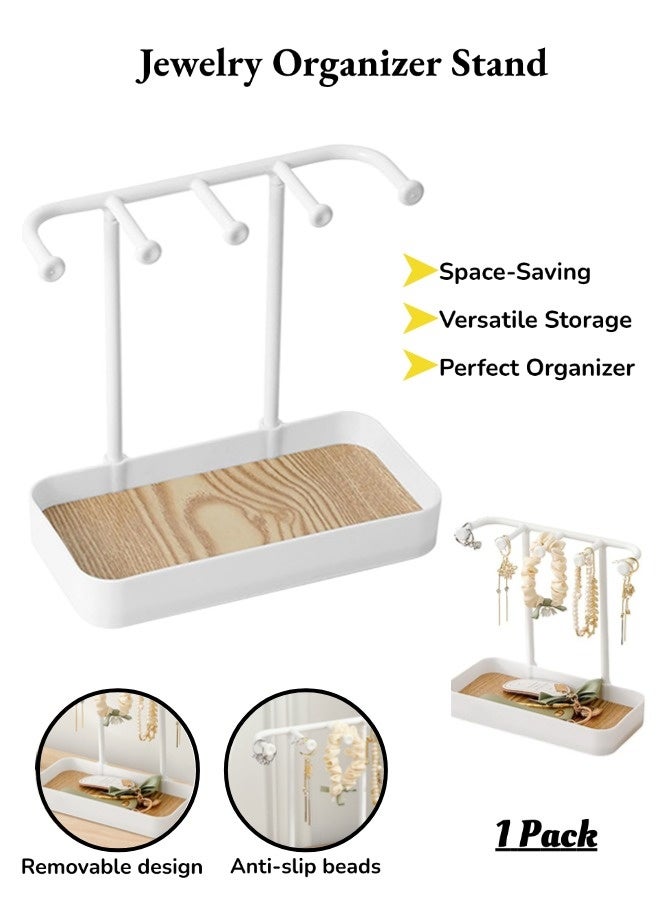 Multifunctional Jewelry Display Stand Necklace Ring Earring Hanging Storage Rack Bold Shelf Non-slip Base Removable Wooden Tray Desktop Jewelry Organizer Stand(White)) - Image 1