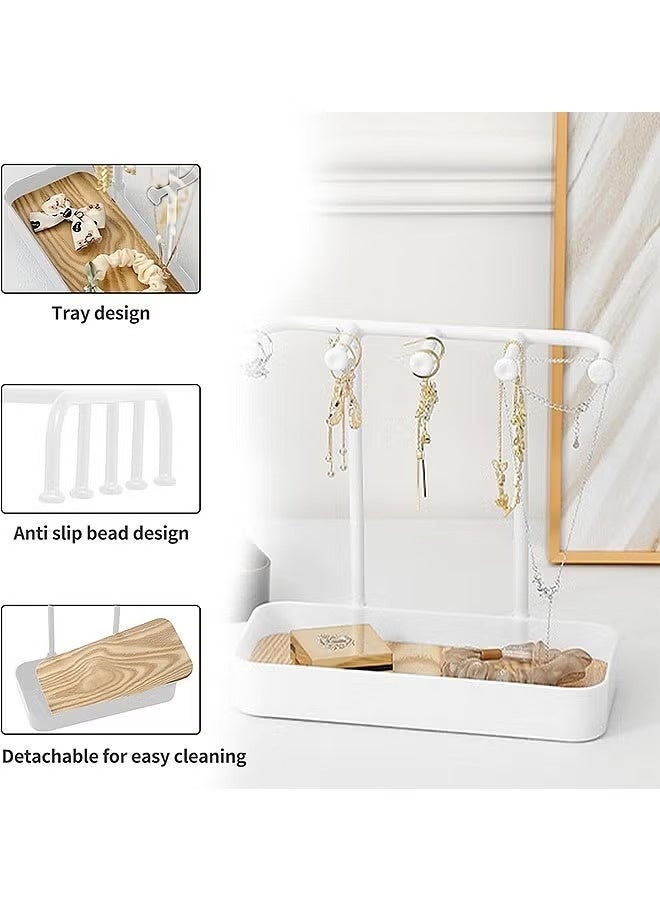 Multifunctional Jewelry Display Stand Necklace Ring Earring Hanging Storage Rack Bold Shelf Non-slip Base Removable Wooden Tray Desktop Jewelry Organizer Stand(White)) - Image 4