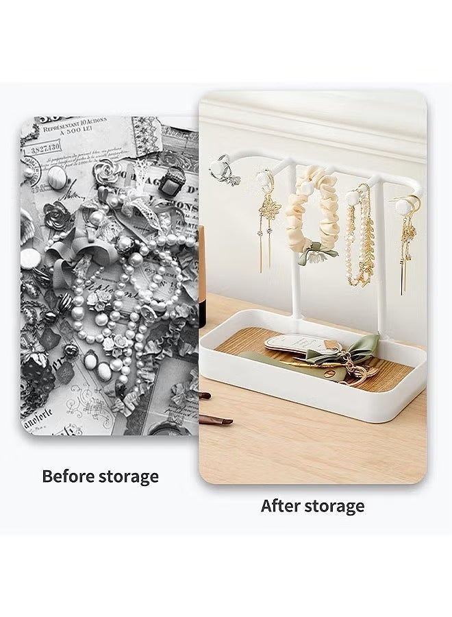 Multifunctional Jewelry Display Stand Necklace Ring Earring Hanging Storage Rack Bold Shelf Non-slip Base Removable Wooden Tray Desktop Jewelry Organizer Stand(White)) - Image 3