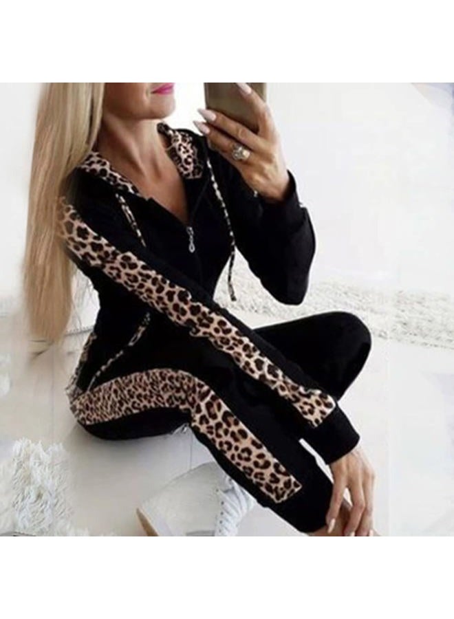 amropi طقم بدلات رياضية نسائية بطبعة الفهد، سترة هودي وسروال جري، أسود، S - Image 2