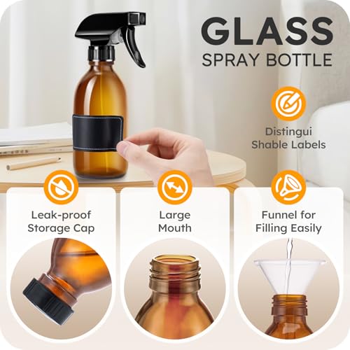 Tecohouse Glass Spray Bottles 8oz, Amber Hair Spray Bottles, 2 Pack Empty Refillable Sprayer Container with Labels, Funnel, Lids, Graduated Pipettes - Handheld Size - Image 4