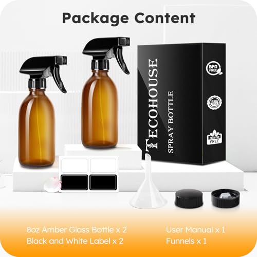 Tecohouse Glass Spray Bottles 8oz, Amber Hair Spray Bottles, 2 Pack Empty Refillable Sprayer Container with Labels, Funnel, Lids, Graduated Pipettes - Handheld Size - Image 2