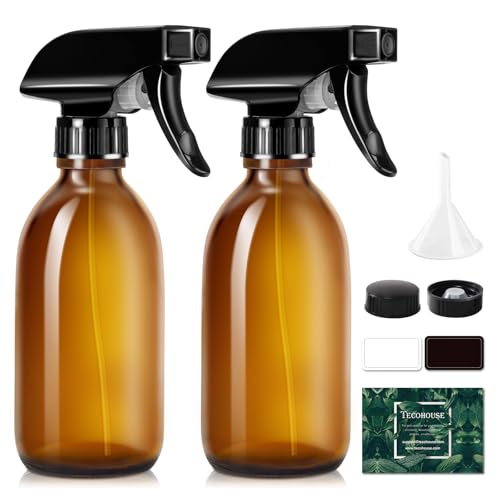 Tecohouse Glass Spray Bottles 8oz, Amber Hair Spray Bottles, 2 Pack Empty Refillable Sprayer Container with Labels, Funnel, Lids, Graduated Pipettes - Handheld Size - Image 1