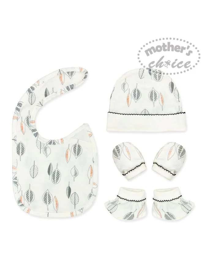 Mothers Choice 4-Piece Gift Box -Printed Bib, Bear Ear Cap, Mittens and Booties