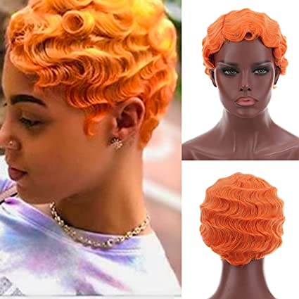7 Colors Women Black Blonde Golden Brown Pink Blue Wine Red Short Finger Wave Curly Wigs Nuna Wigs Janet Collection Orange