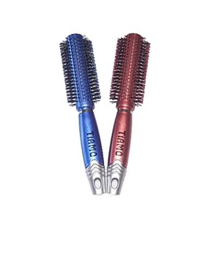 Tiamo Round Plastic Hairbrush set blue and brown for grooming. - Image 2