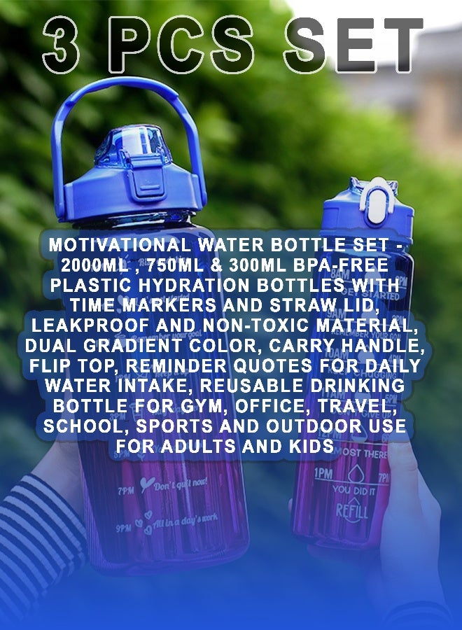 توشيونيكس مجموعة زجاجات مياه تحفيزية - زجاجات ترطيب بلاستيكية خالية من مادة BPA بسعة 2000 مل و750 مل و300 مل مع علامات زمنية وغطاء ماصة، مصنوعة من مادة مانعة للتسرب وغير سامة، بلونين متدرجين، ومقبض حمل، وغطاء قلاب، وعبارات تذكيرية بجرعة الماء اليومية، وزجاجة شرب قابلة لإعادة الاستخدام للصالة الرياضية والمكتب والسفر والمدرسة والرياضة والاستخدام الخارجي للبالغين والأطفال. - Image 2