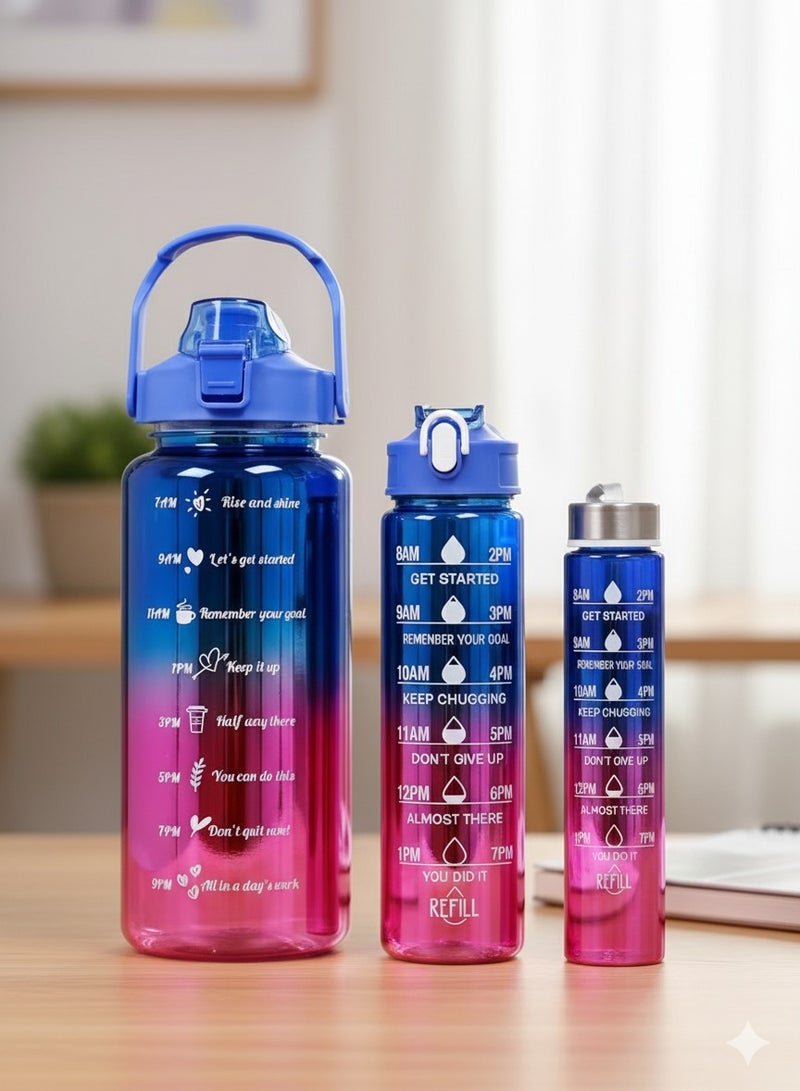 توشيونيكس مجموعة زجاجات مياه تحفيزية - زجاجات ترطيب بلاستيكية خالية من مادة BPA بسعة 2000 مل و750 مل و300 مل مع علامات زمنية وغطاء ماصة، مصنوعة من مادة مانعة للتسرب وغير سامة، بلونين متدرجين، ومقبض حمل، وغطاء قلاب، وعبارات تذكيرية بجرعة الماء اليومية، وزجاجة شرب قابلة لإعادة الاستخدام للصالة الرياضية والمكتب والسفر والمدرسة والرياضة والاستخدام الخارجي للبالغين والأطفال. - Image 1