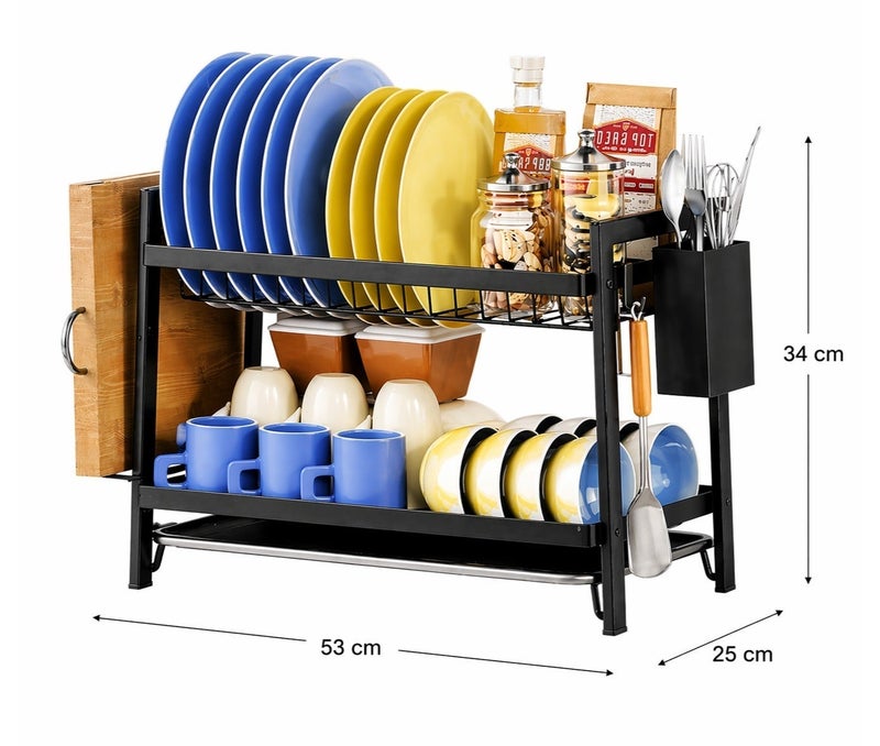 O2. Dish Drying Rack, Space Saving Rustproof 2-Tier Dish Drainers Strainer with Drainboard, Utensil Holder, Black - Image 2