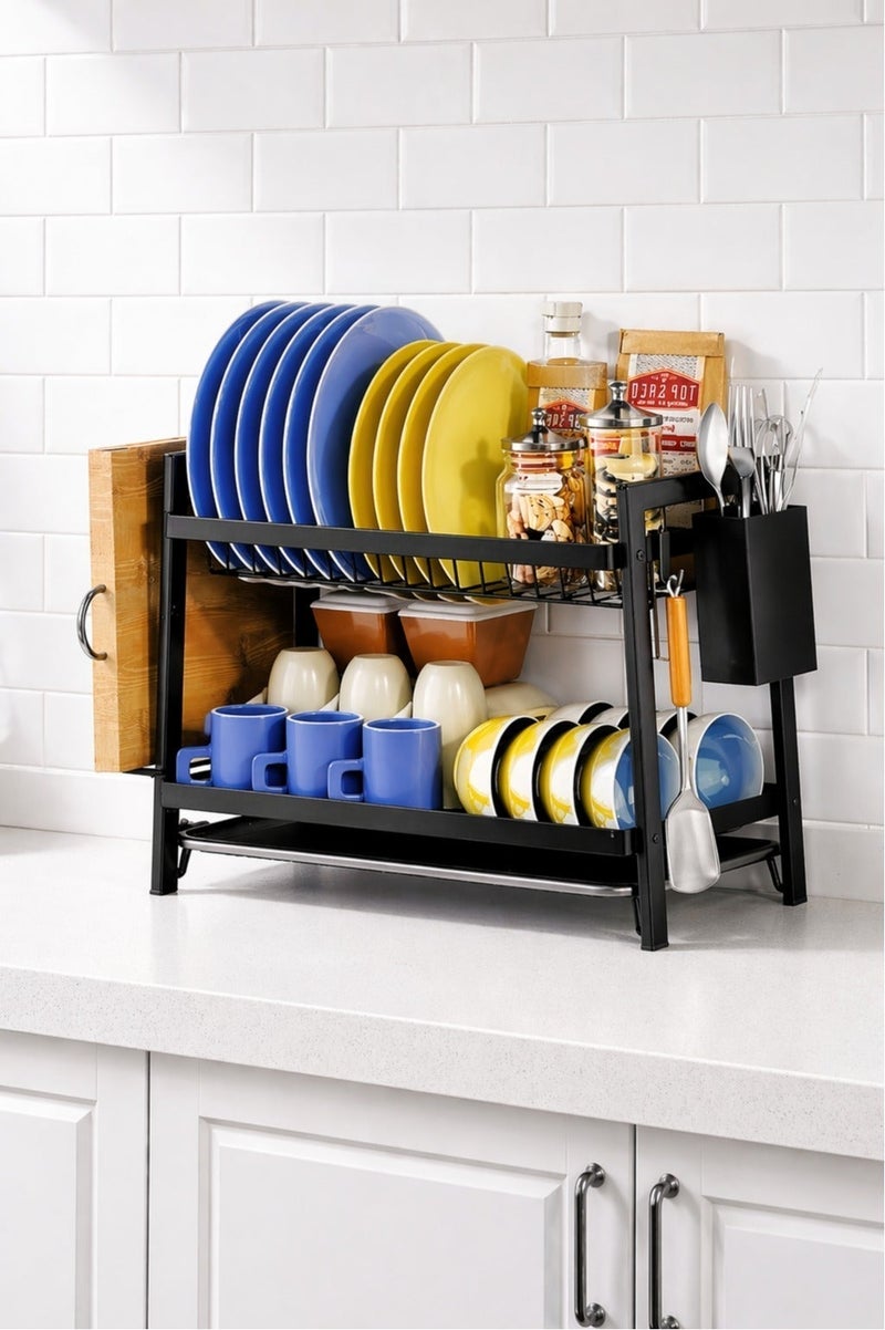 O2. Dish Drying Rack, Space Saving Rustproof 2-Tier Dish Drainers Strainer with Drainboard, Utensil Holder, Black - Image 4